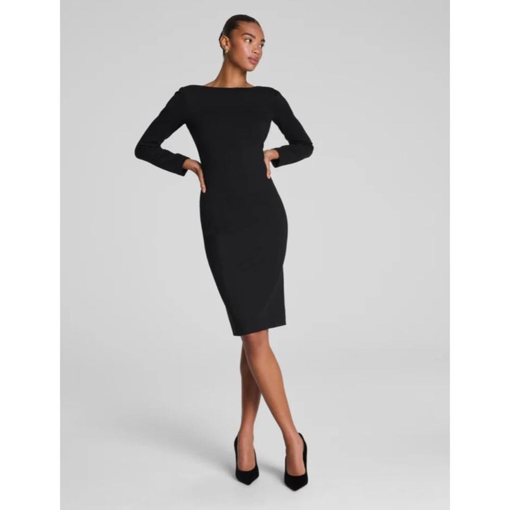 Spanx Black Long Sleeve Low Back Bodycon Cocktail Midi Dress NWT Small‎